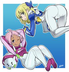  2girls ahoge all_fours ass bodysuit bow braid elena_peoples eureka_seven_(series) eureka_seven_ao feet fleur_blanc hair_bow headwear_removed helmet helmet_removed multiple_girls pixiv_thumbnail saitou_yahu short_hair 