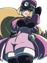  1girl absurdres black_bodysuit blonde_hair blue_eyes bodysuit breasts coat commentary_request cowboy_shot hat highres large_breasts mega_man_(series) mega_man_zx pink_coat pink_hat pink_shorts prairie_(mega_man) robot_ears shako_cap shorts solo zmts12gshokew 