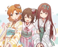  3girls ^_^ absurdres ahoge beret blush brown_hair closed_eyes closed_mouth commentary_request facing_viewer green_hairband green_sash hairband hand_on_another's_arm hat highres idolmaster idolmaster_million_live! japanese_clothes kasuga_mirai kimono light_frown long_hair long_sleeves mini_hat multiple_girls nnnn obi one_side_up open_mouth orange_eyes orange_hair orange_hat pink_kimono red_hair sash short_hair side-by-side smile star_elements_(idolmaster) striped_clothes striped_kimono tanaka_kotoha vertical-striped_clothes vertical-striped_kimono wide_sleeves yabuki_kana yellow_kimono 