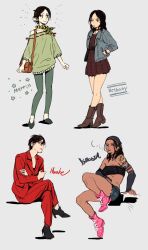  4girls alternate_costume bag bethany_hawke_(dragon_age) black_hair boots brown_boots bw2gold choker commentary contemporary dark-skinned_female dark_skin dragon_age dragon_age_2 dress elf face_piercing full_body green_sweater grey_background isabela_(dragon_age) leggings marian_hawke merrill_(dragon_age_2) multiple_girls nose_piercing piercing pointy_ears polka_dot polka_dot_dress purple_dress red_suit revealing_clothes scarf shorts shoulder_bag shoulder_tattoo sitting smoking speaker suit sweater tattoo untranslatable_commentary 