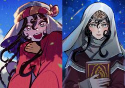  1girl :d :| absurdres age_comparison ainlavendra artist_name black_hair blue_hijab blue_sky book braid closed_mouth clouds commentary curly_hair day dual_persona english_commentary green_eyes hair_between_eyes highres hijab holding holding_book iranian_clothes looking_at_viewer multicolored_eyes multiple_braids night red_robe robe shooting_star sitara sky smile star_(sky) starry_sky tenmaku_no_jaadugar two-tone_eyes violet_eyes white_hijab 
