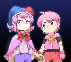  2boys ahoge bandaid bandaid_on_arm blue_background blue_eyes cape center_frills closed_mouth commentary_request fang frills gradient_background hat highres holding_hands hood hood_down jester_cap kirby kirby_(series) marx_(kirby) multiple_boys personification pink_cape pink_shorts shirt short_hair shorts smile suspenders talons upper_body white_shirt yama_guriko 