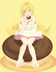  1girl bakemonogatari barefoot blonde_hair box commentary_request doughnut dress eating food highres holding holding_box holding_food long_hair looking_at_viewer monogatari_(series) open_mouth oshino_shinobu simple_background sitting takahashi_ashiha white_dress yellow_background 