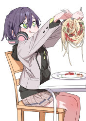  +_+ :q absurdres black_hoodie blazer blush brown_skirt food fork green_eyes grey_jacket hair_between_eyes haraga_kurumi haruyuki_(gffewuoutgblubh) headphones headphones_around_neck highres holding holding_fork hood hood_down hoodie jacket jacket_over_hoodie kimi_no_koto_ga_dai_dai_dai_dai_daisuki_na_100-nin_no_kanojo lapels licking_lips long_sleeves looking_at_viewer meatball miniskirt notched_lapels pasta plaid_clothes plaid_skirt pleated_skirt purple_hair school_uniform short_hair simple_background sitting skirt spaghetti spaghetti_and_meatballs tongue tongue_out 
