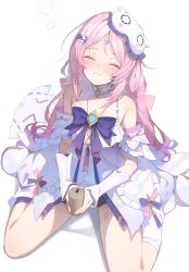 1girl bare_shoulders bow can citlali_(genshin_impact) citlali_(whispers_of_stars_and_smoke)_(genshin_impact) citlalin_(genshin_impact) closed_eyes closed_mouth commentary_request detached_sleeves facial_mark forehead_mark genshin_impact gradient_hair hair_ornament highres holding holding_can leg_warmers light_blush long_hair lumo_1121 mask mask_on_head multicolored_hair official_alternate_costume pink_hair purple_hair sitting sleep_mask slippers solo triangle triangle_facial_mark wariza white_background white_leg_warmers white_slippers 