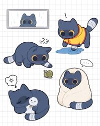  animalization bandaged_arm bandaged_tail bandages blade_(honkai:_star_rail) blade_(little_cat)_(honkai:_star_rail) blue_fur cat closed_eyes commentary_request doll empty_eyes full_body grid_background highres honkai:_star_rail honkai_(series) multiple_expressions raincoat snail towel water_drop window yellow_raincoat zlaoev 