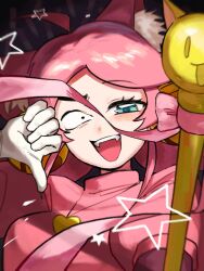  1girl :d ahoge animal_ear_fluff animal_ears bow breasts cat_ears cat_girl cocked_eyebrow commentary_request constricted_pupils deltarune dress fangs fangs_out gloves gold_bell green_eyes hand_up heart_locket highres holding holding_staff ika_nomakin layered_sleeves long_hair long_sleeves looking_at_viewer mad_mew_mew magical_girl medium_breasts open_mouth pink_bow pink_dress pink_hair pink_shirt portrait puffy_short_sleeves puffy_sleeves raised_eyebrow shirt short_over_long_sleeves short_sleeves smile solo staff star_(symbol) swept_bangs thumbs_down utdr_(toby_fox) white_gloves 