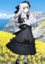  1girl add_(fate) aqua_eyes back_bow bag black_bag black_bow black_dress black_hat black_shoes blue_sky blush bow braid buttons closed_mouth clouds contrast_collar day dress dress_bow fate/grand_order fate_(series) field flower flower_field flower_request frilled_sleeves frills game_asset gothic_lolita gray_(fate) gray_lily_(fate) gray_lily_(lancer)_(fate) hair_bow half_up_braid hat horizon layered_sleeves lolita_fashion long_hair long_sidelocks long_sleeves looking_at_viewer medium_dress mini_hat official_alternate_costume official_art outdoors pantyhose shoes short_over_long_sleeves short_sleeves sidelocks sky smile solo standing steepled_fingers third-party_source tilted_headwear white_hair white_pantyhose white_sleeves wide_sleeves yellow_flower 
