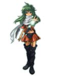  boots dark_skin emeralda_kasim green_eyes green_hair highres long_hair magic navel outstretched_hand pussan scarf solo torn_clothes xenogears young 