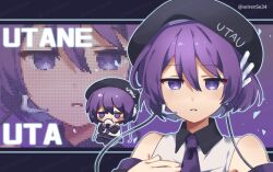  bare_shoulders beret black_hat character_name chibi collared_shirt commentary_request detached_sleeves eating food hat highres holding holding_food looking_at_viewer multiple_views necktie onigiri purple_hair purple_necktie seirense34 shirt sleeveless sleeveless_shirt utane_uta utau violet_eyes 