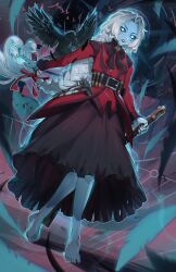  1girl absurdres ammunition bandolier barefoot belt belt_buckle bird black_lips blue_skin braid braided_ponytail buckle bullet coat colored_skin commentary crow curtained_hair deadlock_(game) dress facial_mark feathers full_body ghost ghost_girl gun highres holding holding_gun holding_weapon lipstick long_dress long_hair long_sleeves looking_at_viewer magic makeup mascara nail_(hardware) night red_coat red_dress rifle rifle_cartridge runny_makeup ryairyai sniper_rifle solo very_long_braid very_long_hair vindicta_(deadlock) weapon white_eyes white_hair 