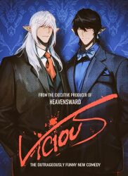  2boys aymeric_de_borel black_hair blue_background blue_eyes bow bowtie closed_mouth commentary_request earrings elezen elf english_text estinien_varlineau final_fantasy final_fantasy_xiv hair_between_eyes jewelry long_hair looking_at_viewer male_focus movie_poster_(medium) multiple_boys necktie pointy_ears poooto10 shirt short_hair simple_background smile suit white_hair 