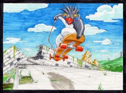  1boy behind-the-head_headphones black_border blue_eyes blue_sky border building clouds commentary_request concept_art day furry furry_male grass headphones highres male_focus moss ollie_(skateboarding) open_mouth original outdoors penguin_boy post-apocalypse rockhopper_penguin ruins shadow shibata_jun skateboard skateboarding sky skyscraper smile solo traditional_media 