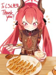  +_+ 1girl belt belt_buckle black_shirt blue_archive blush bowl bright_pupils buckle chopsticks collared_shirt commission commissioner_name demon_horns double-parted_bangs dumpling eating food hair_between_eyes halo highres holding holding_bowl holding_chopsticks horns jiaozi junko_(blue_archive) long_hair necktie plate red_eyes red_hair red_halo red_necktie shirt short_sleeves simple_background skeb_commission solo table thank_you twintails upper_body user_akzu8755 white_background white_pupils wooden_table 