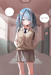  ... 1girl :| absurdres arahashi_tabi blue_eyes blue_hair blush brown_sweater_vest closed_mouth collared_shirt commentary compass feet_out_of_frame grey_skirt hallway highres indoors korean_text long_sleeves looking_at_viewer miniskirt parted_bangs pleated_skirt reta500 school_uniform shirt skirt solo speech_bubble spoken_ellipsis standing stellive sweater_vest translation_request twintails virtual_youtuber white_shirt 