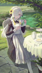  1girl :d absurdres alternate_costume apron black_dress blonde_hair blunt_bangs cake cake_slice collared_shirt crossed_legs cup daisy_(flower) dress enmaided flower food frilled_apron frilled_dress frills garter_straps grey_eyes hair_flower hair_ornament hair_over_one_eye high_collar highres holding holding_saucer isekaijoucho juliet_sleeves kamitsubaki_studio light_smile long_hair long_sleeves looking_at_viewer maid maid_apron maid_headdress mary_janes multicolored_hair one_eye_covered outdoors pale_skin pond puffy_sleeves saucer shirt shoes side_part sidelocks sitting smile tea_set teacup thigh-highs unikat92 waist_apron white_apron white_hair white_thighhighs white_trim wrist_cuffs yellow_flower 