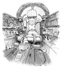  absurdres bag_of_chips bendy_straw braydan_barrett chips_(food) cockpit commentary crushed_can drink_carton drinking_straw english_commentary flight_stick food greyscale highres monochrome no_humans original pilot_chair potato_chips simple_background white_background 