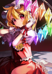 1girl arms_up ascot bed bed_sheet blonde_hair blush commentary crystal diffraction_spikes flandre_scarlet frilled_ascot frilled_shirt_collar frilled_skirt frilled_sleeves frills gloves hair_between_eyes hat hat_ribbon highres katayama_kei looking_at_viewer mob_cap o3o puffy_short_sleeves puffy_sleeves red_eyes red_ribbon red_skirt ribbon shirt short_hair short_sleeves side_ponytail sitting skirt solo sparkle touhou wariza white_gloves white_shirt wings yellow_ascot 