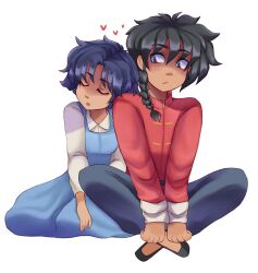  1boy 1girl black_hair black_shoes blue_dress blue_eyes blue_hair blue_pants braid chinese_clothes closed_mouth dress english_commentary full_body fuurinkan_high_school_uniform heart hetero highres leaning_on_person open_mouth pants ranma_1/2 saotome_ranma saotome_ranma_(male) school_uniform shoes short_hair single_braid sitting tangzhuang tendou_akane wibbrr 