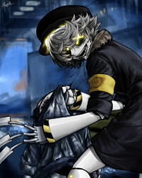  1boy absurdres armband black_hat black_jacket face_filter fewer_digits grey_hair hat highres humanoid_robot jacket looking_at_viewer m4skedboi machine mechanical_arms murder_drones n_(murder_drones) o_x open_mouth orange_armband robot screen short-sleeved_jacket short_hair short_sleeves two-tone_hat yellow_armband yellow_eyes 