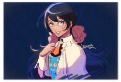  1girl absurdres black_hair blue_eyes bow capelet commentary_request dark_background fire_emblem fire_emblem:_fortune's_weave glasses hair_bow highres long_hair looking_at_viewer low_twintails mofu2chikuwa open_mouth smile solo tan tiara_(fire_emblem) twintails upper_body white_capelet 