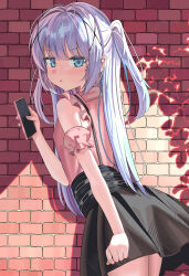  1girl absurdres armband black_skirt blue_eyes blue_hair brick_wall cellphone commentary_request ento_(user_jjce7387) frilled_armband frills from_behind gochuumon_wa_usagi_desu_ka? hair_ornament high-waist_skirt highres jirai_kei kafuu_chino long_hair looking_at_viewer looking_back phone pink_shirt pout shirt skirt smartphone suspenders two_side_up x_hair_ornament 