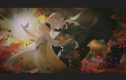  1boy 1girl absurdres ancient_set_(zelda) arsha black_cloak blonde_hair cloak commentary_request dress guardian_(zelda) hand_on_another's_waist highres holding_hands link long_hair magic medium_hair pointy_ears princess_zelda strapless strapless_dress the_legend_of_zelda the_legend_of_zelda:_breath_of_the_wild very_long_hair white_dress 