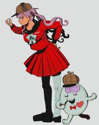  1girl black_sailor_collar bow bowtie brown_hat commentary detective double_bun english_commentary hair_bun hat highres holding holding_magnifying_glass holding_smoking_pipe leaning_forward long_hair looking_at_another magnifying_glass pantyhose pink_eyes pink_hair red_bow red_bowtie red_serafuku red_skirt sailor_collar school_uniform serafuku simple_background sirei_(hundred_line) skirt skyshoesy smoking_pipe the_hundred_line_-last_defense_academy- tsukumo_kako twintails white_background white_bow 