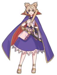  1girl absurdres blonde_hair bracelet cape commentary_request earmuffs full_body highres jewelry lace-trimmed_skirt lace_trim looking_at_viewer nnn_lu one-hour_drawing_challenge open_mouth pointy_hair purple_cape purple_skirt red_cape ritual_baton sandals sheath sheathed shirt simple_background skirt sleeveless sleeveless_shirt smile solo sword toes touhou toyosatomimi_no_miko two-sided_cape two-sided_fabric weapon white_background yellow_eyes yellow_sandals 