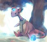  ampharos clothed_pokemon creature full_body grass highres leaning leaning_forward no_humans pokemon pokemon_(creature) purplekecleon rain scard scarf shiny_pokemon signature sitting solo tree 