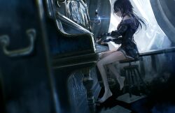  1girl absurdres advarcher bare_shoulders barefoot black_choker black_dress black_hair breasts candle candlestand choker dress fire grey_hair highres hololive hololive_english instrument long_hair long_sleeves medium_breasts multicolored_hair off-shoulder_dress off_shoulder on_stool piano playing_instrument playing_piano shiori_novella sitting solo split-color_hair stool two-tone_hair virtual_youtuber yellow_eyes 