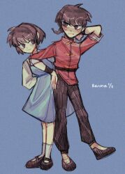  1boy 1girl blue_background blue_dress blue_hair blush braid brown_eyes brown_pants brown_shoes chinese_clothes closed_mouth copyright_name dress english_commentary full_body fuurinkan_high_school_uniform highres lichirin pants ranma_1/2 saotome_ranma saotome_ranma_(male) school_uniform shoes short_hair single_braid smile socks tangzhuang tendou_akane white_socks 