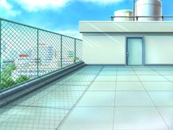  blue_sky building bush chain-link_fence clouds cloudy_sky day door fence game_asset house no_humans non-web_source official_art outdoors rooftop scenery school seisenki_valkyrie_sisters self-datamine sky sunlight tile_floor tile_wall tiles tree variant_set visual_novel_cg window 