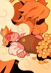  2boys asgore_dreemurr asgore_dreemurr_(dark_world) blonde_hair closed_eyes closed_mouth commentary crown deltarune english_commentary floppy_ears flower flower_bed flowery_(deltarune) furry furry_male goat_horns gorryb highres horns implied_decapitation lying male_focus multiple_boys smile utdr_(toby_fox) yellow_flower 