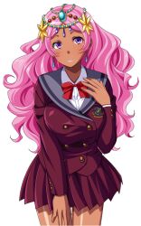  1girl bow bowtie brown_jacket brown_skirt buttons character_request closed_mouth copyright_request double-breasted earrings emblem hinasera_aya jacket jewelry light_smile long_hair long_sleeves messy_hair miniskirt mondo_muyo!_tanetsuke_kyoka-sho non-web_source pink_hair pink_lips purple_sailor_collar red_bow red_bowtie sailor_collar salia_rashata school_uniform shirt skirt tachi-e tan transparent_background violet_eyes 