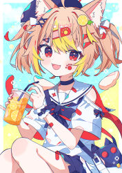  1girl :d ahoge animal_ear_fluff animal_ears aramedraw bag black_choker blue_background blue_bow blue_bowtie blue_hat blue_shorts blush border bow bowtie cat_ears cat_girl choker commentary_request cup disposable_cup drinking_straw feet_out_of_frame food food-themed_hair_ornament fruit hair_intakes hair_ornament hat highres holding holding_cup lemon lemon_hair_ornament lemon_slice looking_at_viewer open_mouth orange_hair original outside_border red_eyes sailor_collar shirt short_hair short_sleeves short_twintails shorts sitting smile solo twintails white_border white_sailor_collar white_shirt x_hair_ornament 