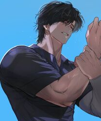  1boy black_eyes black_hair black_shirt blue_background broad_shoulders brown_eyes commentary_request half-closed_eyes highres korean_commentary light_smile looking_at_viewer male_focus messy_hair muscular muscular_arms muscular_male original shirt short_sleeves simple_background solo sweat tight_clothes tight_shirt upper_body veins veiny_arms vorendvorend 