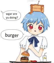  1girl biscuit_(bread) bisuke-tan blue_bow blue_hair blush bow cigarette cup dot_nose dress english_text food food_on_head fork french_fries highres holding holding_fork jaggy_lines kfc mcdonald's object_on_head open_mouth puffy_short_sleeves puffy_sleeves red_eyes short_hair short_sleeves smoke solo speech_bubble table tareme third-party_source tokoissick white_background white_dress 