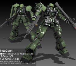  3d bazooka_(gundam) beam_rifle cable character_name combat_helmet commentary_request energy_gun english_text geara_zulu gundam gundam_unicorn helmet magazine_(weapon) mecha mecha_focus military_rank_insignia mobile_suit neo_zeon no_humans one-eyed one-eyed_mecha realistic robot science_fiction shade shield shoulder_spikes spikes stahlhelm stats weapon zb_(dawn-blue) 