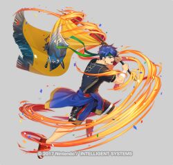  1boy bandaged_wrist bandages black_shirt black_shorts blue_jacket clothes_around_waist commentary_request confetti fire fire_emblem fire_emblem:_path_of_radiance fire_emblem_heroes flag freestyle18 full_body green_headband headband holding holding_flag ike_(fire_emblem) ike_(full-tilt_merc)_(fire_emblem) jacket jacket_around_waist male_focus official_alternate_costume official_art open_mouth shirt shoes short_hair shorts solo teeth wristband 