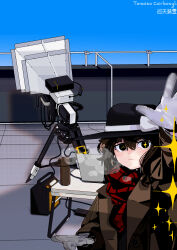  1girl absurdres arm_up artist_name black_eyes black_hat blue_sky bow breath brown_coat coat commentary_request computer four-pointed_star gloves hat hat_bow highres laptop looking_at_viewer on_rooftop red_scarf scarf sky solo table thermos tomato_carbonyl touhou trench_coat tripod upper_body usami_renko white_bow white_gloves 