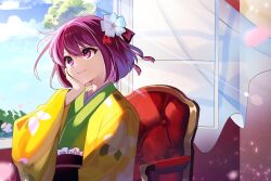  1girl chair closed_mouth commentary_request falling_petals floral_print floral_print_kimono flower green_kimono hair_flower hair_ornament hakama hakama_skirt hand_on_own_cheek hand_on_own_face hieda_no_akyuu highres japanese_clothes katayama_kei kimono long_sleeves on_chair petals pink_petals print_kimono purple_hair short_hair sitting skirt smile solo touhou violet_eyes wide_sleeves window yellow_kimono 