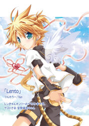  1boy 2000s_(style) 96mame belt blonde_hair blue_eyes clouds commentary_request detached_sleeves earrings heart jewelry kagamine_len looking_at_viewer looking_back outstretched_hand piano_keys ponytail ribbon shirt short_hair shorts sky solo translation_request vocaloid wings 
