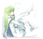  1girl c.c. code_geass creayus green_hair high_heels legs long_hair looking_at_viewer shoes sitting solo translated yellow_eyes 