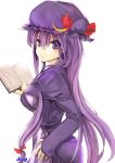  absurdres at2. bangs bonnet book bow hair_ornament highres long_hair looking_at_viewer patchouli_knowledge purple_eyes purple_hair solo touhou violet_eyes white_background 