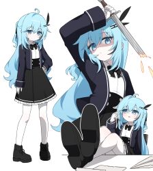  1girl absurdres ahoge black_boots black_ribbon blue_eyes blue_hair boots broken broken_sword broken_weapon closed_mouth crossed_legs foot_on_table gloves grey_jacket hagoonha hair_between_eyes highres holding holding_sword holding_weapon jacket long_hair open_clothes open_jacket original pantyhose ribbon shirt sword thighs weapon white_gloves white_pantyhose white_shirt 