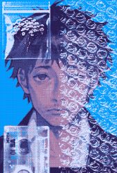  1boy bag black_hair black_jacket blue_background bubble_wrap cassette_tape collared_shirt commentary_request dithering facial_hair highres jacket looking_at_viewer male_focus mature_male original plant plastic_bag shirt simple_background stubble white_shirt zain 