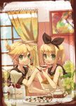  1boy 1girl bare_shoulders blonde_hair brother_and_sister cake cookie cup curtains food fork fruit green_eyes hair_ornament hair_ribbon hairclip hekicha highres kagamine_len kagamine_rin necktie open_mouth ponytail ribbon sailor_collar short_hair siblings smile strawberry strawberry_shortcake tea tea_set teacup teapot twins vocaloid window 