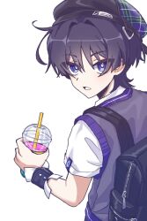  1boy backpack bag beret black_bag black_hair black_hat black_sweater_vest black_vest blunt_ends bright_pupils choppy_bangs commentary_request contemporary cup disposable_cup drinking_straw eyeliner from_behind genshin_impact goodnight_nv hair_intakes hand_up hat highres holding holding_cup korean_commentary looking_at_viewer looking_back makeup male_focus official_alternate_costume open_mouth red_eyeliner ringed_eyes scaramouche_(genshin_impact) school_uniform shirt short_sleeves solo sweater_vest tsurime undershirt vest violet_eyes wanderer_(genshin_impact) wanderer_(mega_mgc_coffee)_(genshin_impact) white_background white_pupils white_shirt white_sleeves wrist_cuffs zipper zipper_pull_tab 