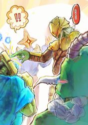  ! !! ... 1girl 1other 2boys animal_skull armor blush_stickers braid braided_ponytail c_qde cloak colored_skin commentary_request cyclops glowing glowing_eyes green_cloak green_skin helmet highres humanoid_robot multiple_boys one-eyed red_eyes robot shoulder_armor skull_on_head slay_the_spire slay_the_spire_2 solid_eyes spoken_ellipsis spoken_exclamation_mark the_defect_(slay_the_spire) the_ironclad_(slay_the_spire) the_regent_(slay_the_spire) the_silent_(slay_the_spire) white_hair 